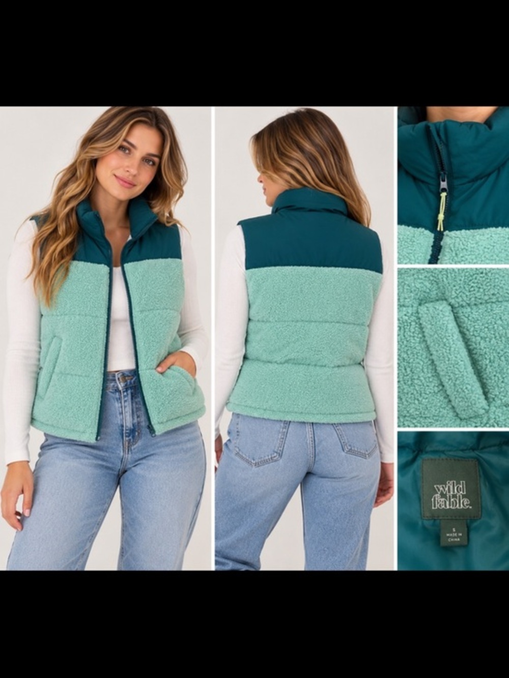 Wild Fable Teal Sherpa Fleece Colorblock Full Zip Vest Women’s Small